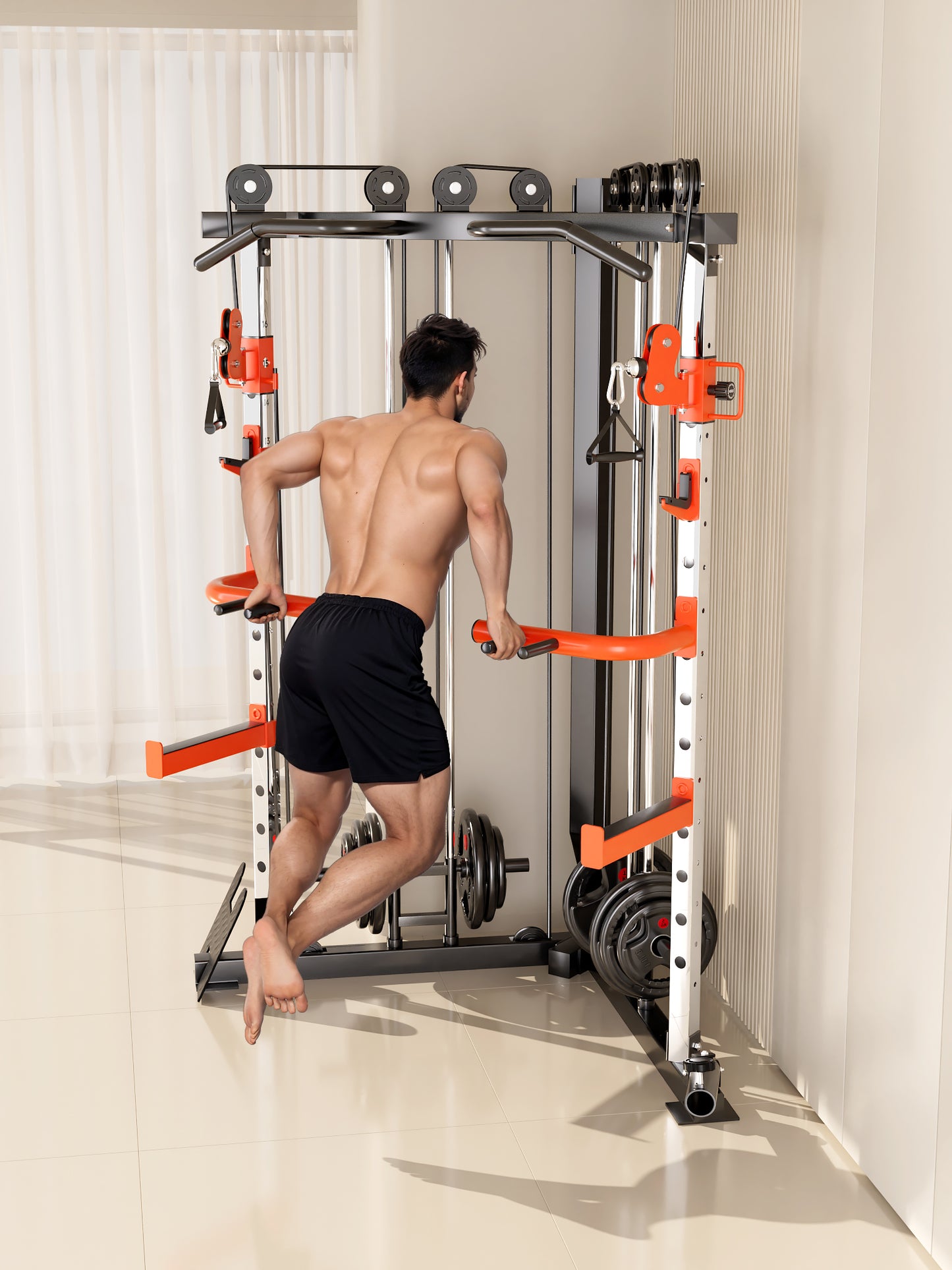 SmartFit C1 Max Multi Functional Cable Crossover Station 130kgs Pin Loaded  Machine + Multi Func Bench+7Ft Olympic Barbell + 100kgs Weights