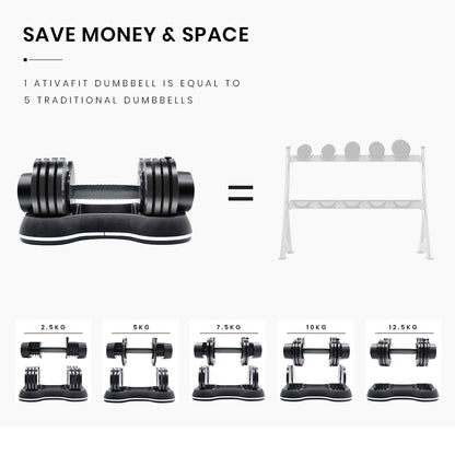 ATIVAFIT 12.5kg Adjustable Weight Dumbbell, for Home Gym Fitness Training