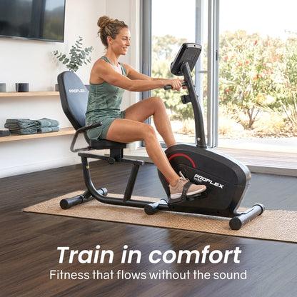 PROFLEX Magnetic Recumbent Exercise Bike, LCD Display, Heart Rate Sensors, Adjustable Seat, 8-Level Resistance, Comfortable Seated Home Cardio Fitness Machine