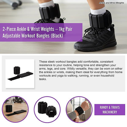 2-Piece Ankle & Wrist Weights – 1kg Pair Adjustable Workout Bangles (Black)