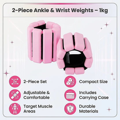 2-Piece Ankle & Wrist Weights – 1kg Pair Adjustable Workout Bangles (Pink)