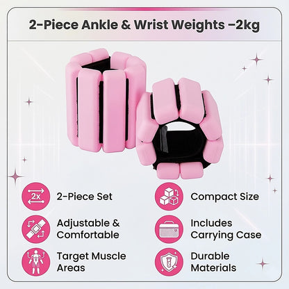 2-Piece Ankle & Wrist Weights – 2kg Pair Adjustable Workout Bangles (Pink)